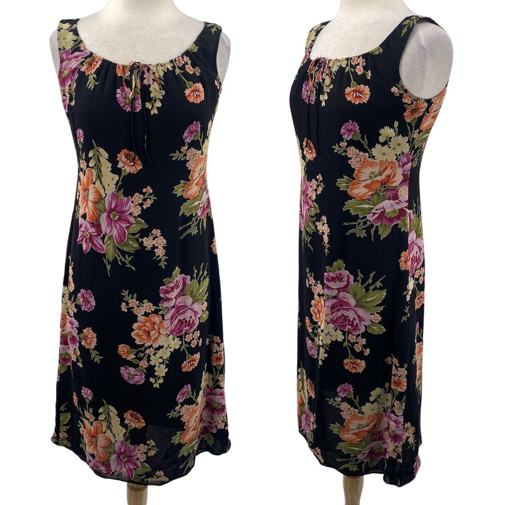 Vintage 90s Silk Floral Babydoll A line Mini Dress Keyhole Tie Neck Black 8
